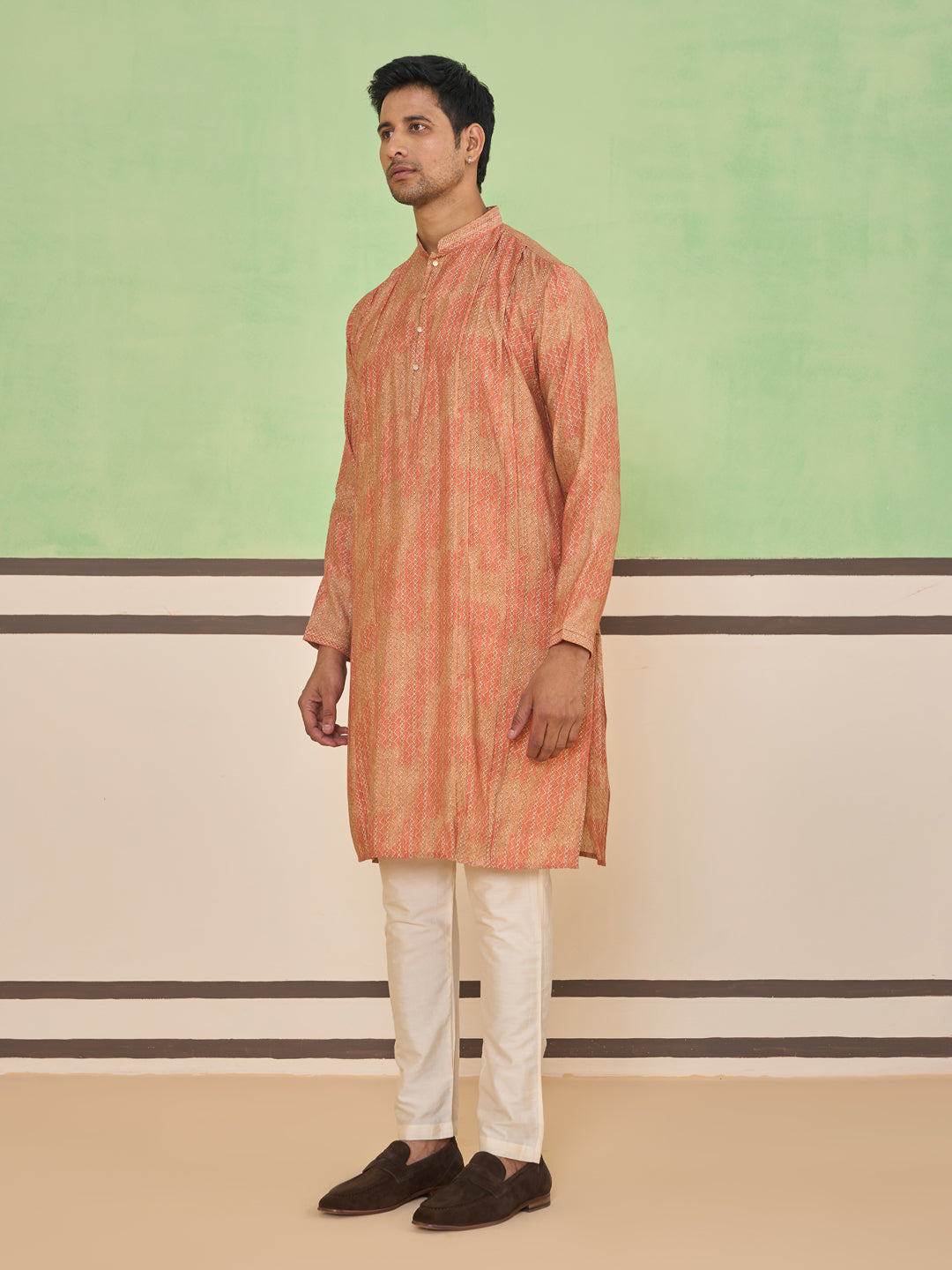 Peach Gold Ethnic Textured Kurta Set