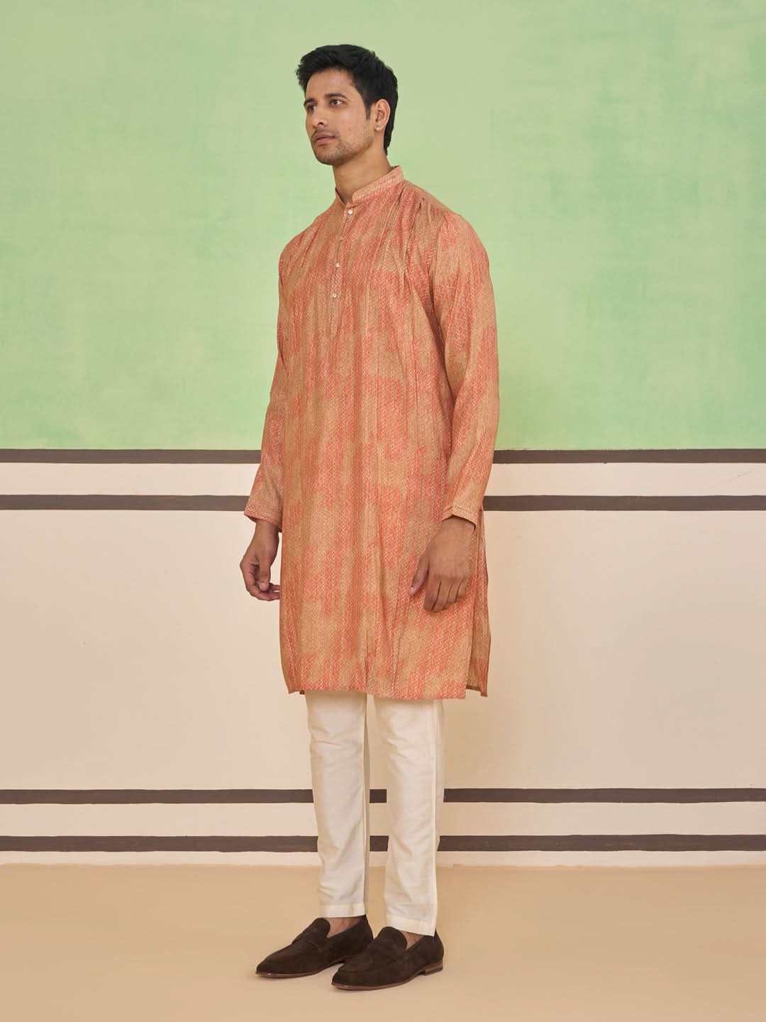 Peach Gold Ethnic Textured Kurta Set