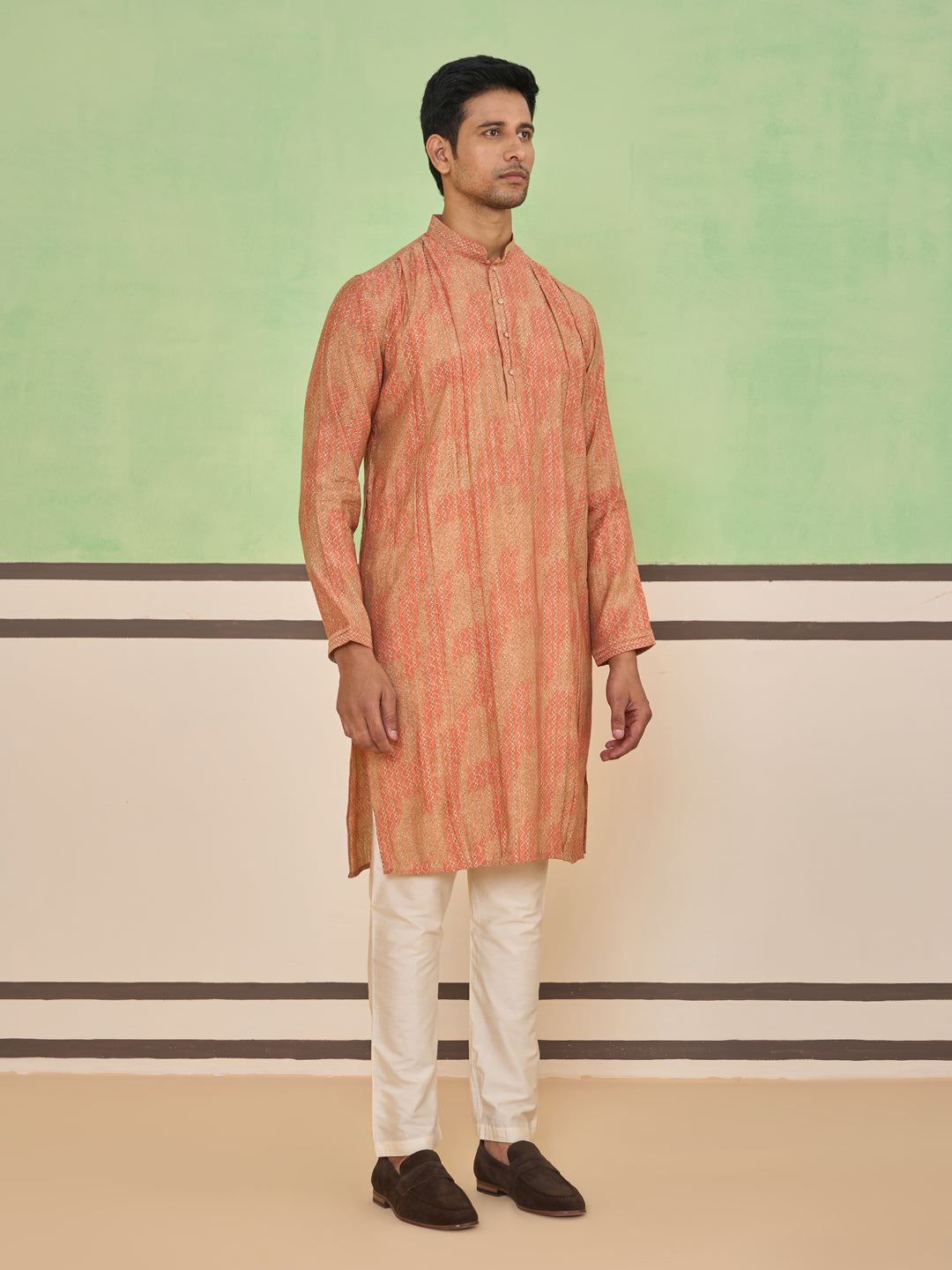 Peach Gold Ethnic Textured Kurta Set