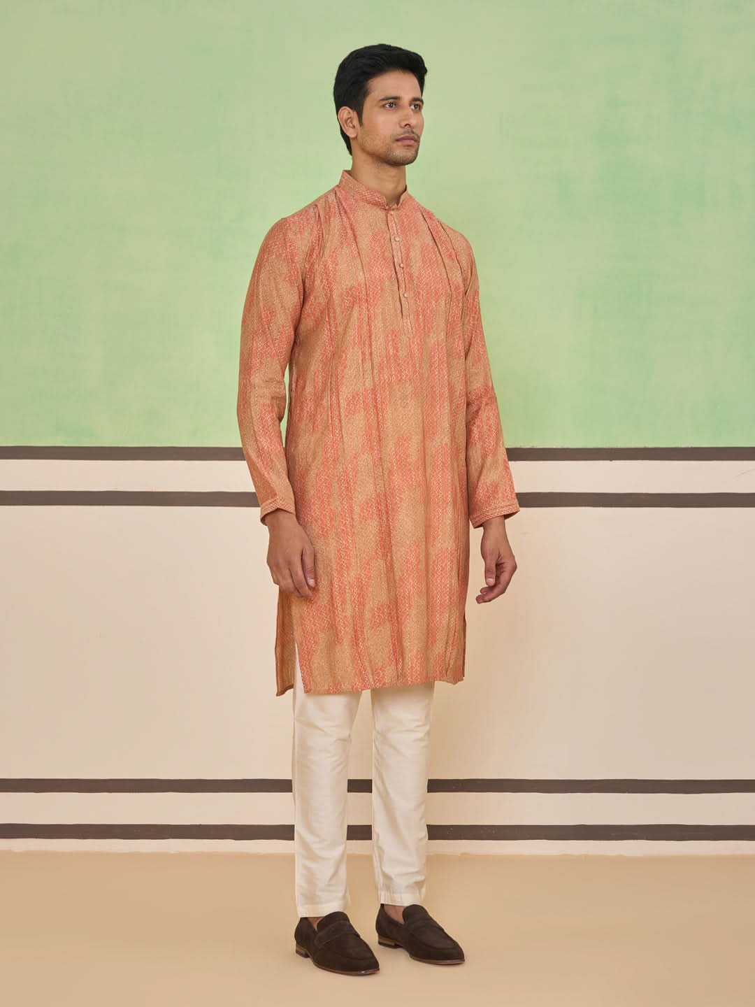 Peach Gold Ethnic Textured Kurta Set
