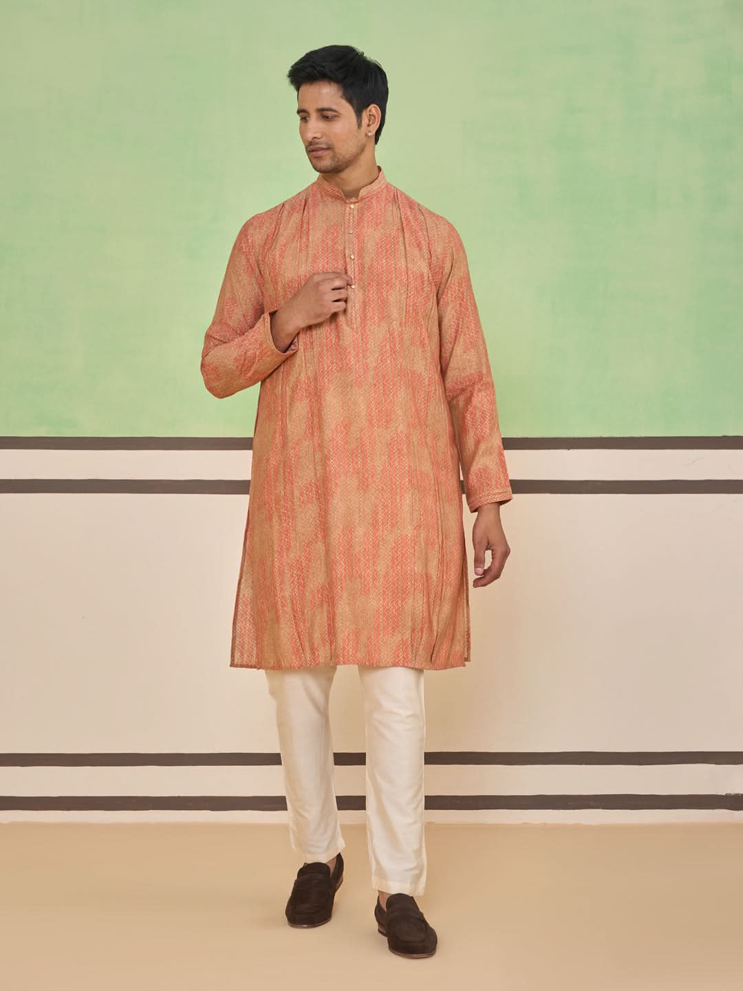Peach Gold Ethnic Textured Kurta Set