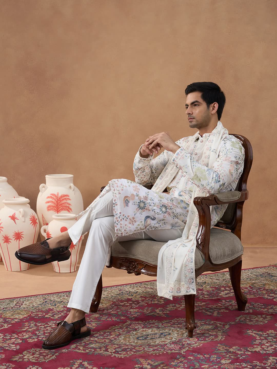 Cream Floral Embroidered Kurta Set
