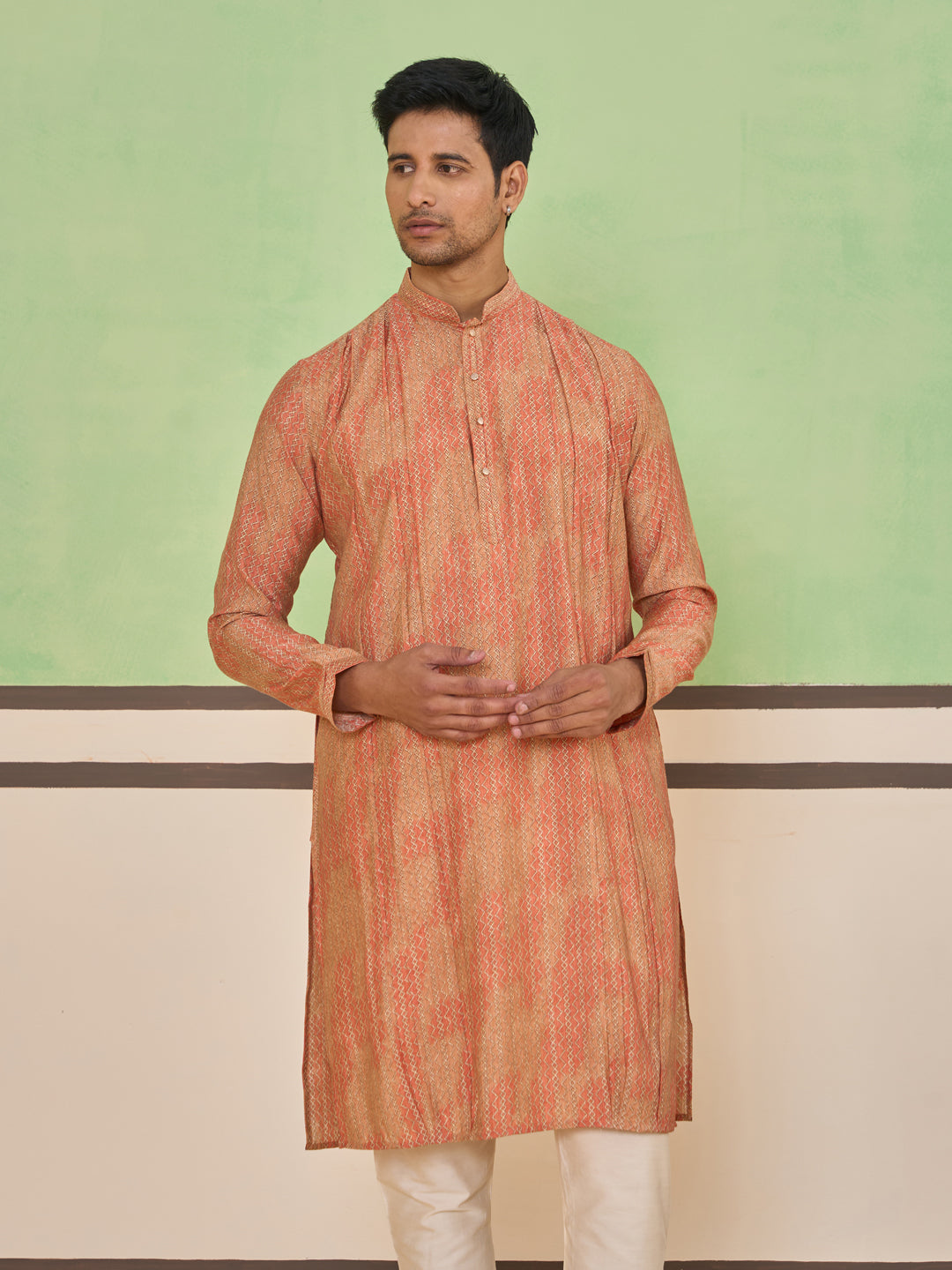 Peach Gold Ethnic Textured Kurta Set