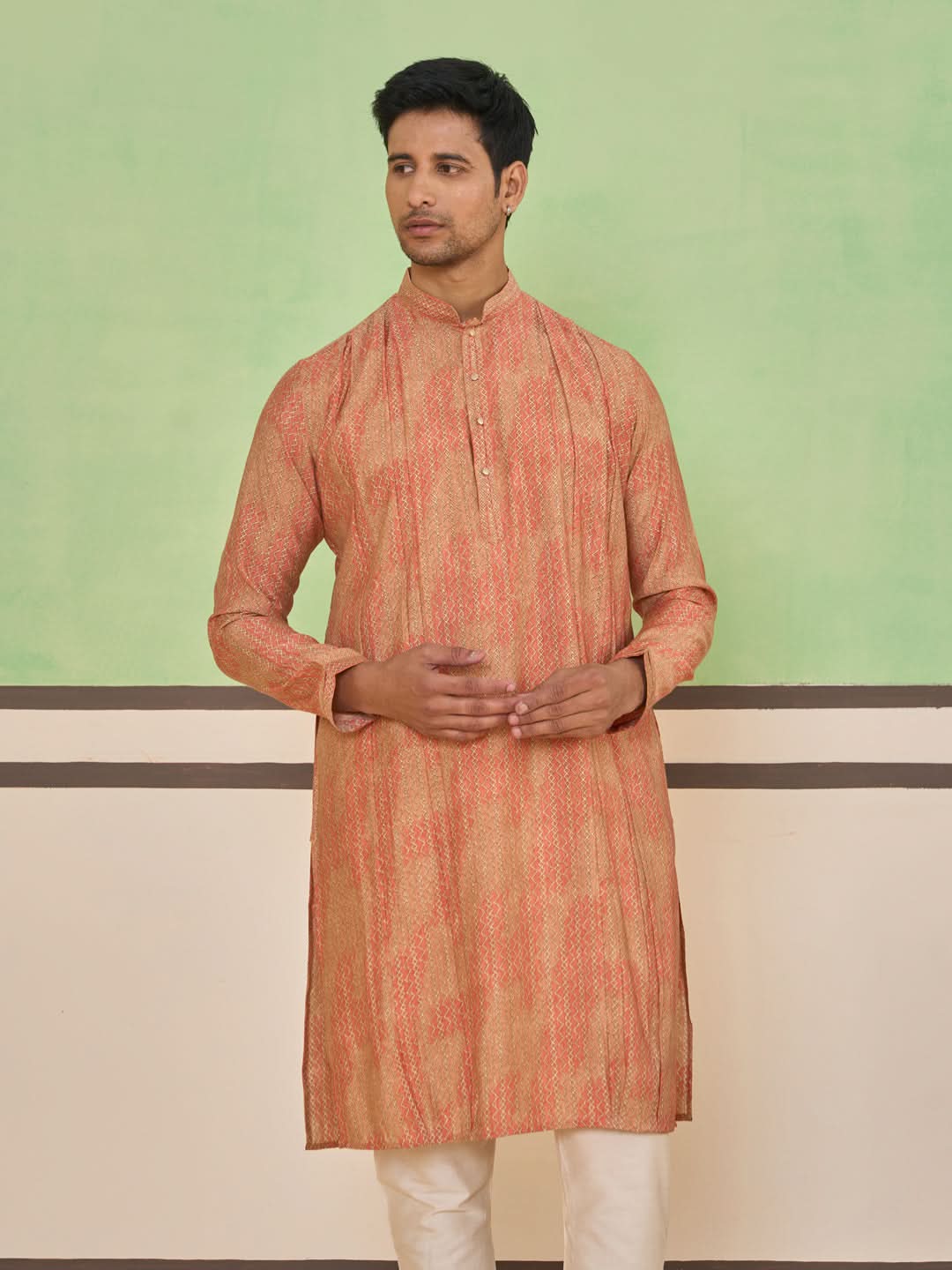 Peach Gold Ethnic Textured Kurta Set