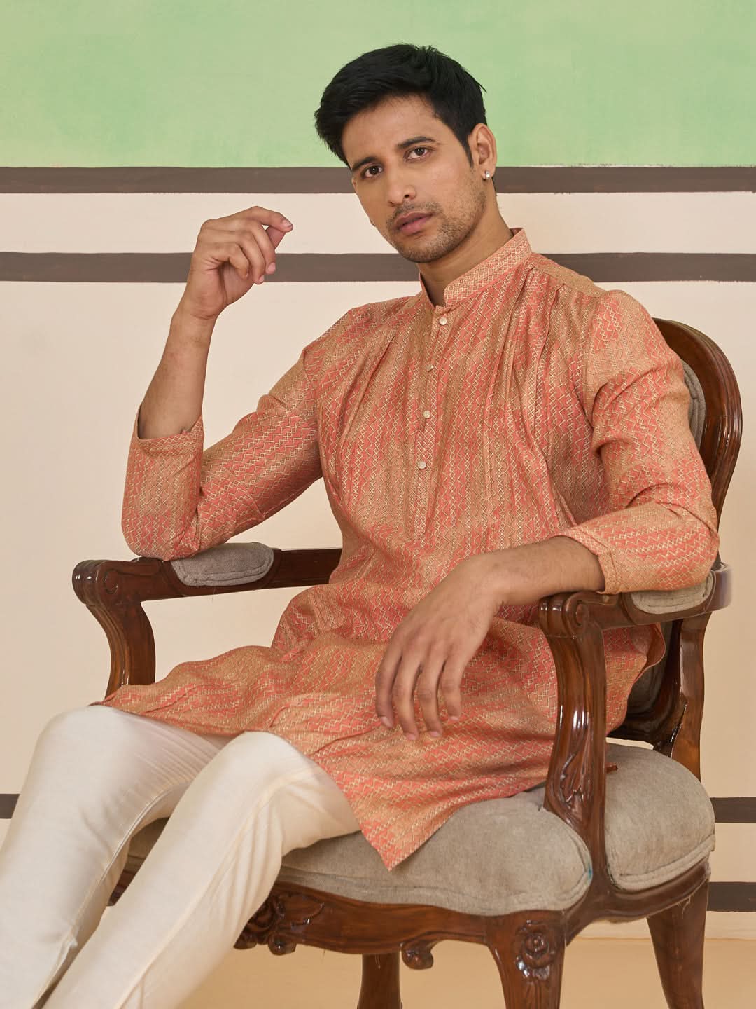 Peach Gold Ethnic Textured Kurta Set