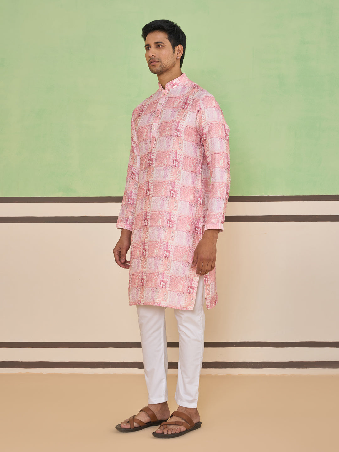 Rose Pink Ethnic Check & Floral Kurta Set