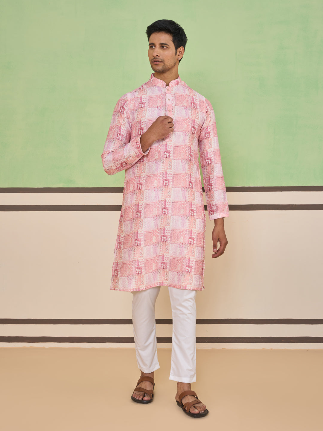 Rose Pink Ethnic Check & Floral Kurta Set