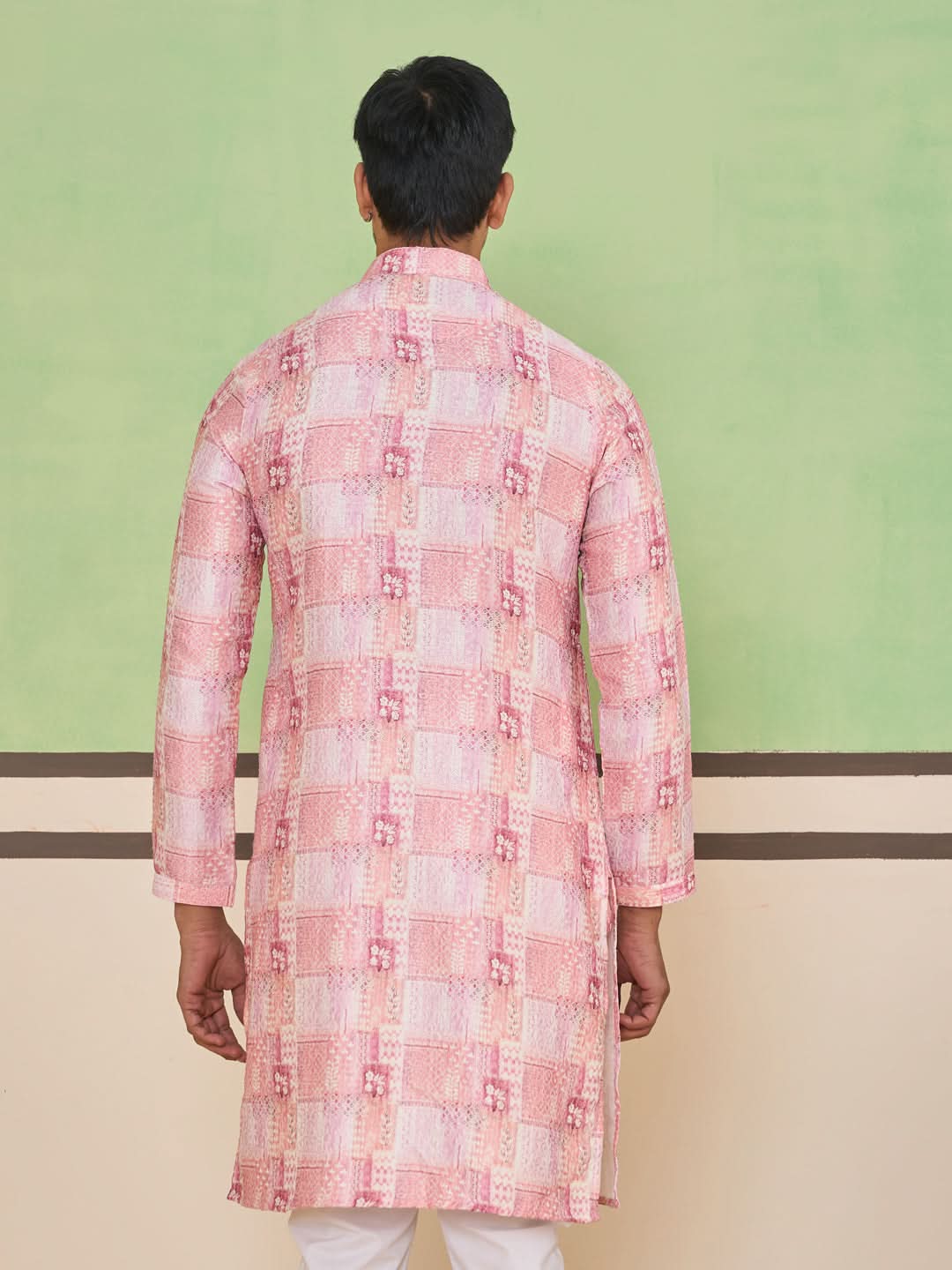 Rose Pink Ethnic Check & Floral Kurta Set