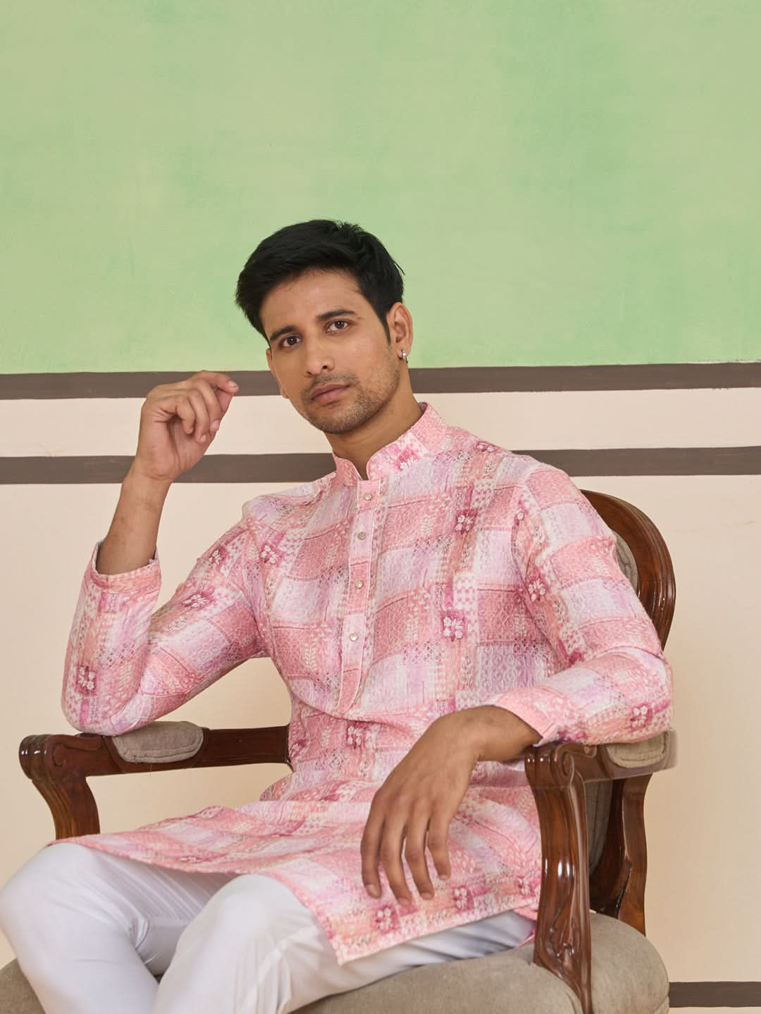 Rose Pink Ethnic Check & Floral Kurta Set