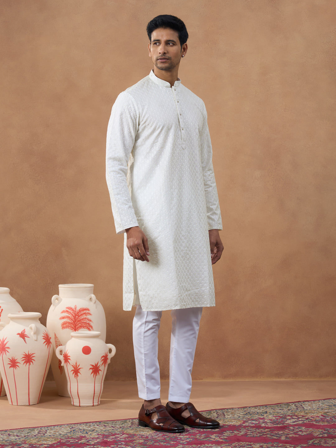 Off White Cotton Chikankari Embroidered Kurta Set