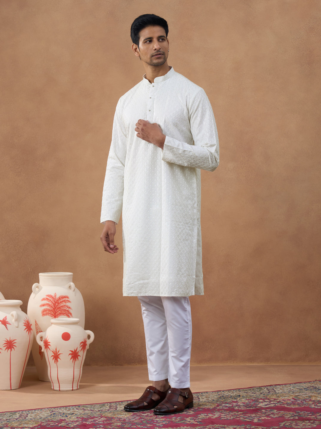 Off White Cotton Chikankari Embroidered Kurta Set