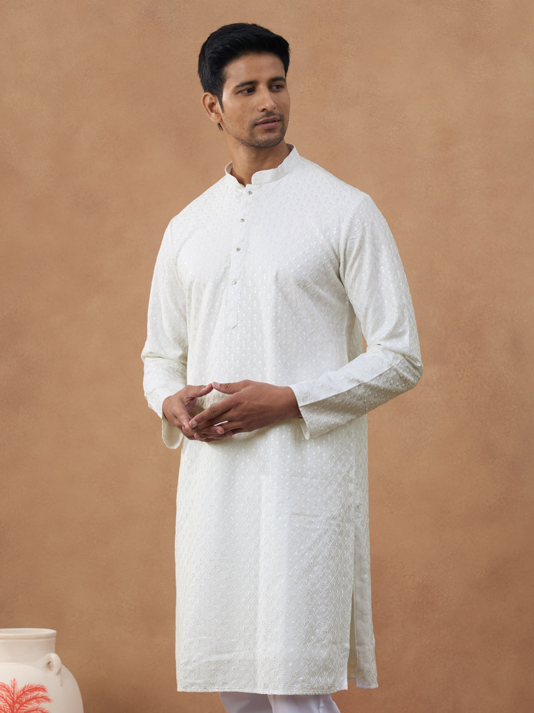 Off White Cotton Chikankari Embroidered Kurta Set