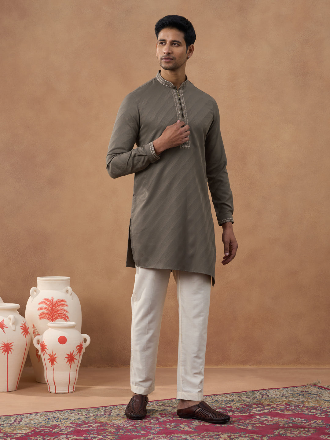 Olive Brown Self-Design Kurta Set