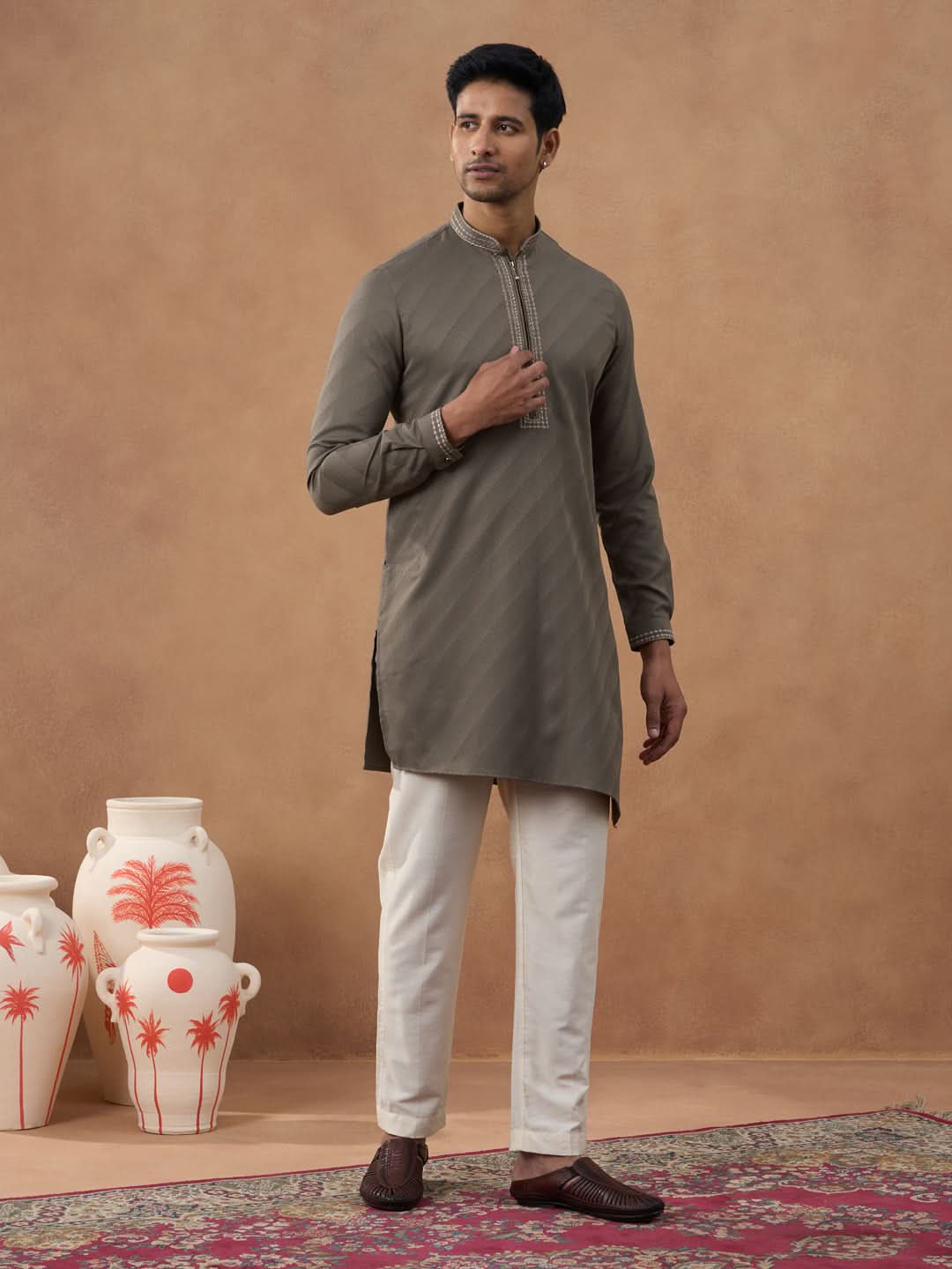 Olive Brown Self-Design Kurta Set