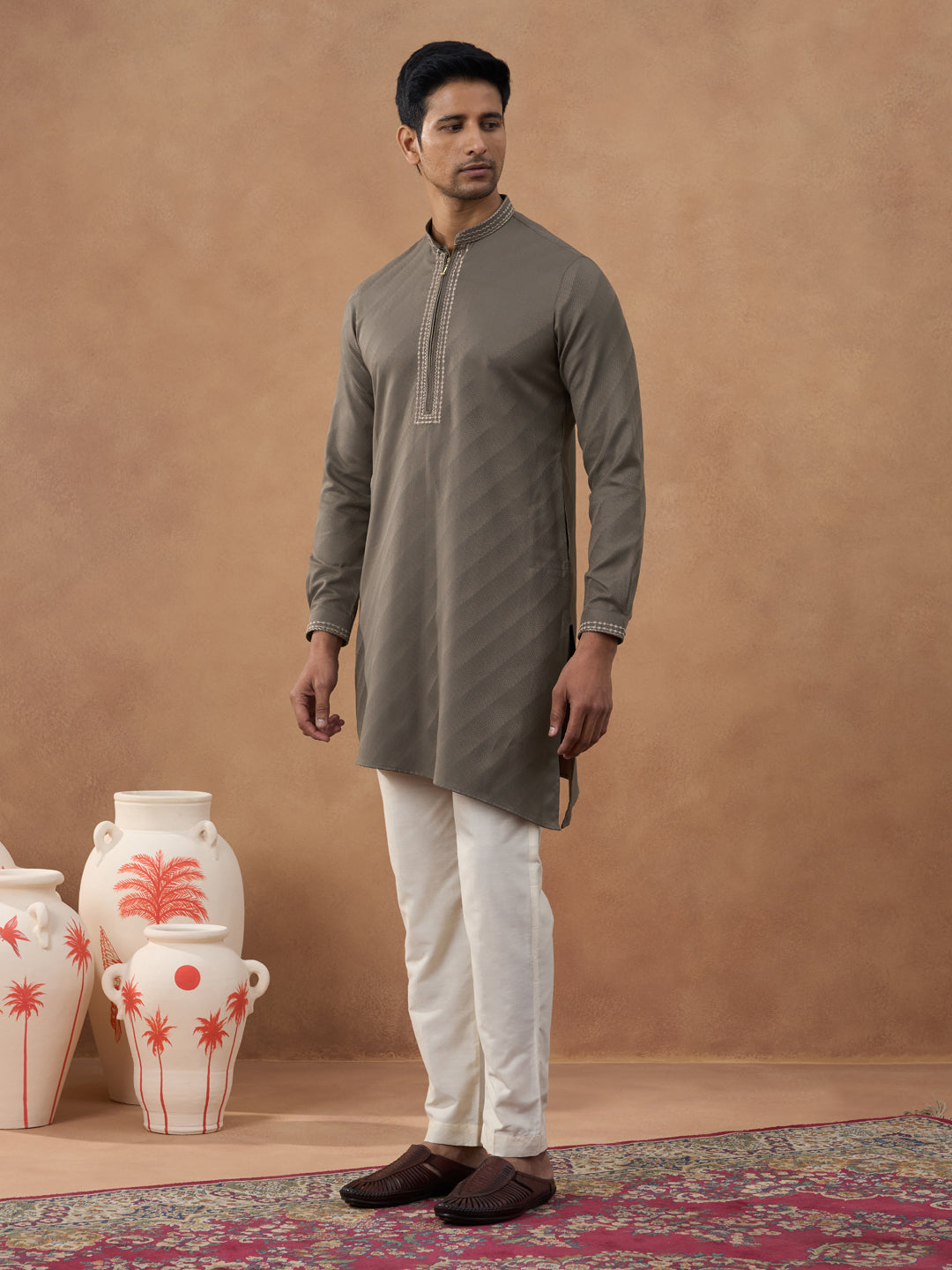 Olive Brown Self-Design Kurta Set