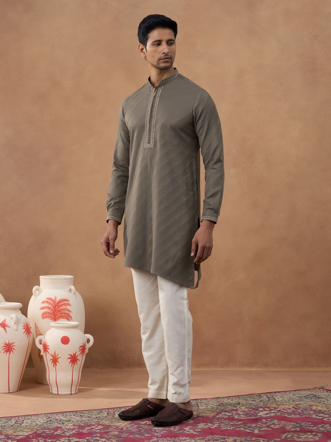 Olive Brown Self-Design Kurta Set