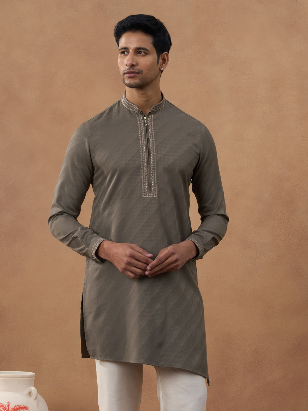 Olive Brown Self-Design Kurta Set