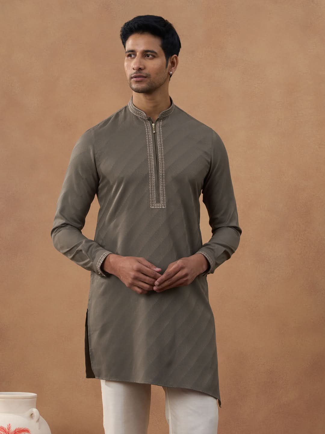 Olive Brown Self-Design Kurta Set