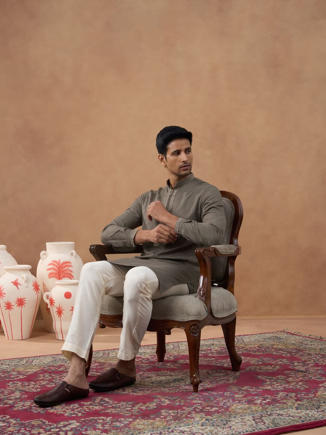 Olive Brown Self-Design Kurta Set