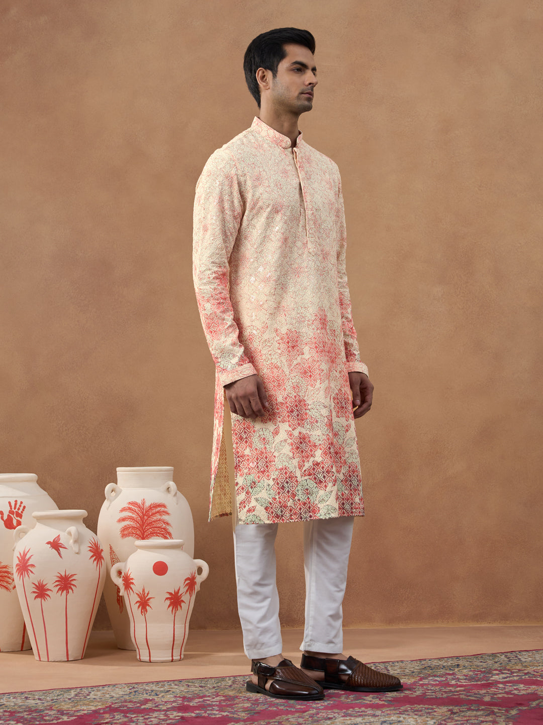 Cream Ombre Chikankari Printed Kurta Set