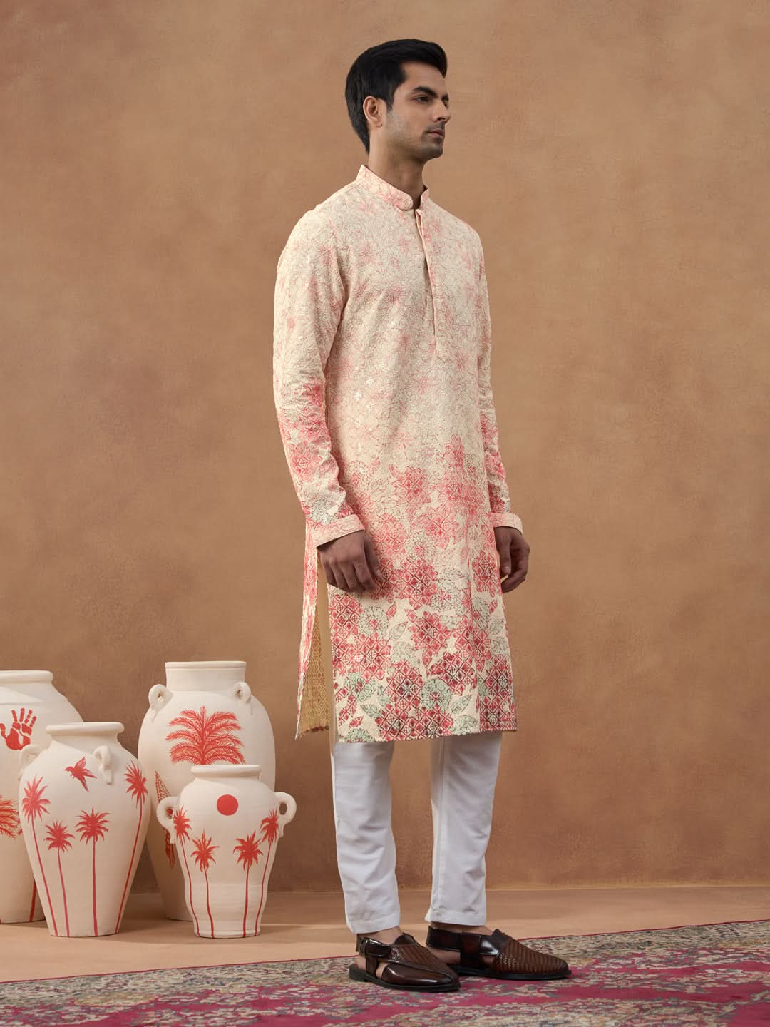 Cream Ombre Chikankari Printed Kurta Set