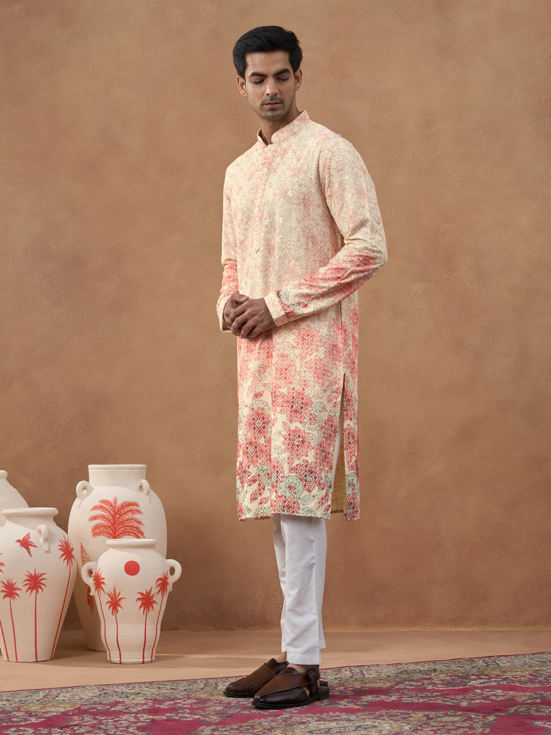 Cream Ombre Chikankari Printed Kurta Set