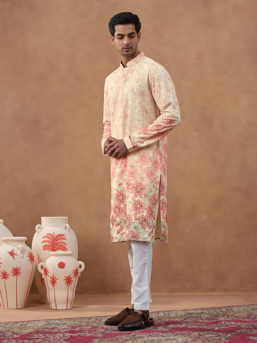 Cream Ombre Chikankari Printed Kurta Set