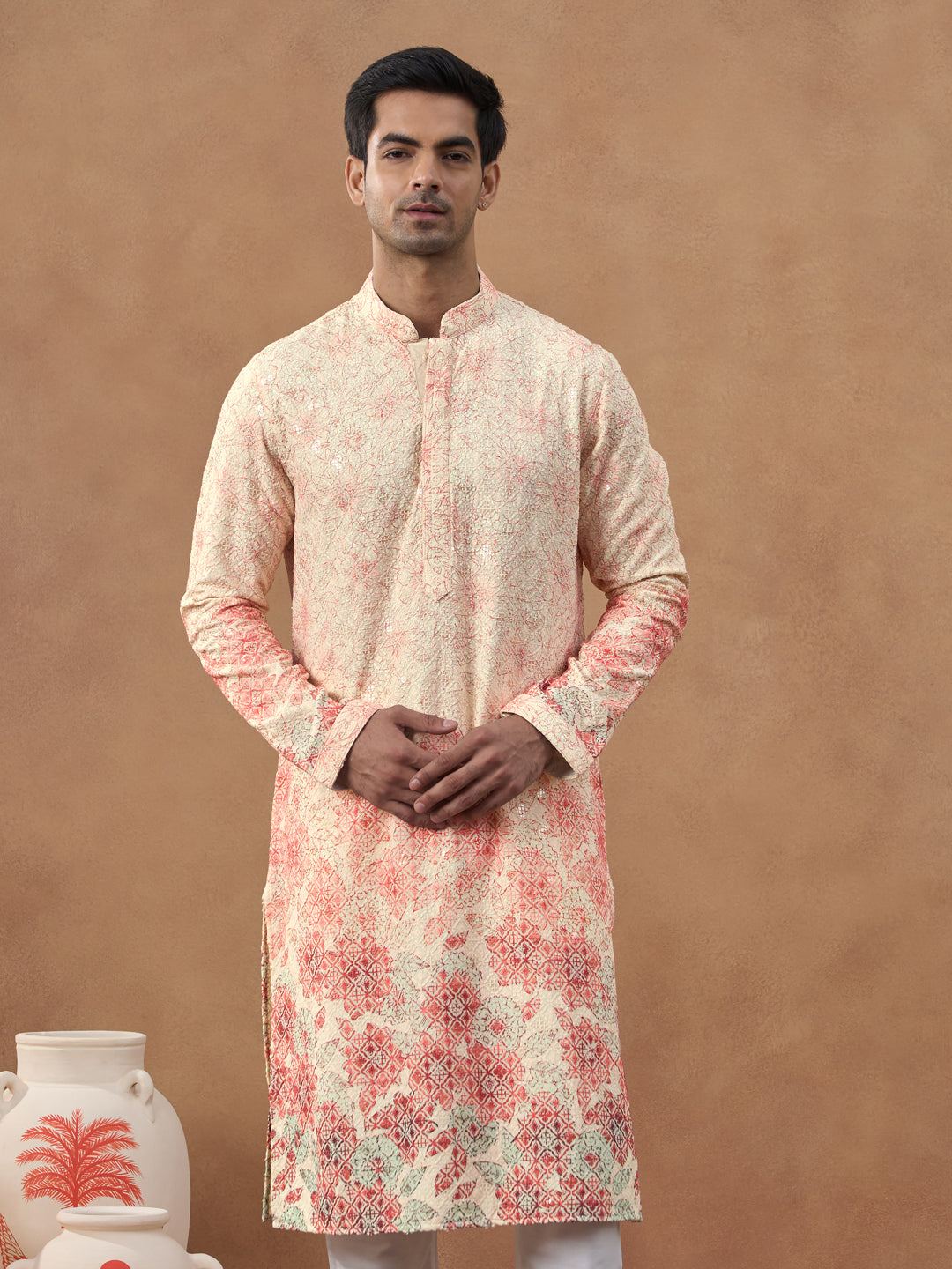 Cream Ombre Chikankari Printed Kurta Set