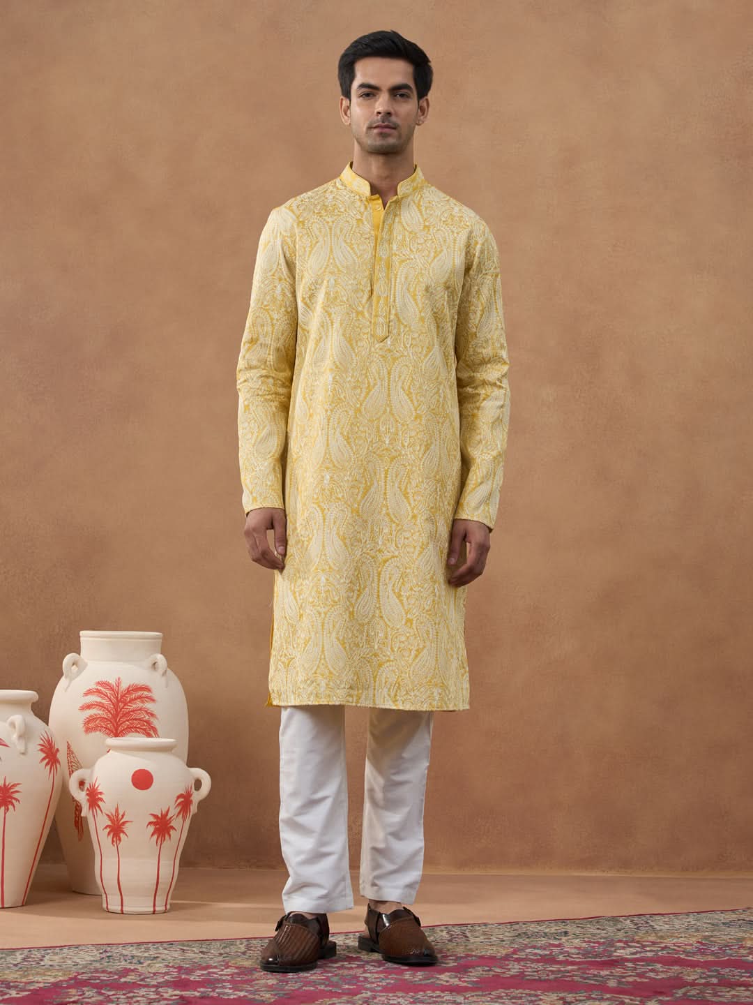 Yellow Paisley Embroidered Kurta Set