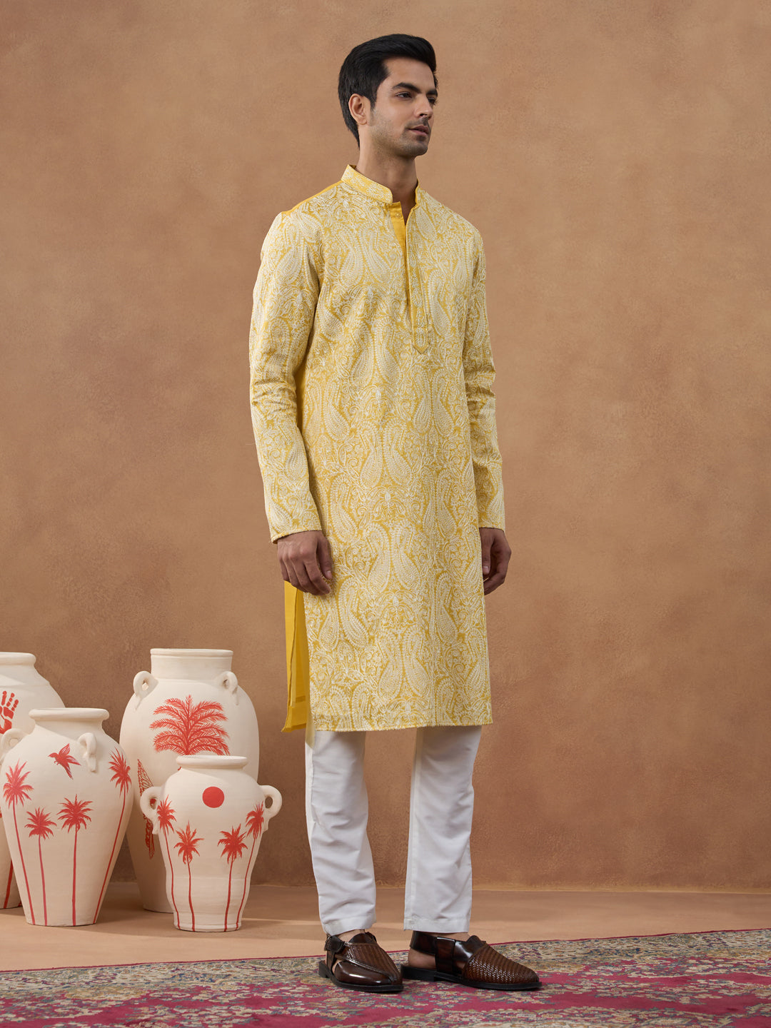 Yellow Paisley Embroidered Kurta Set