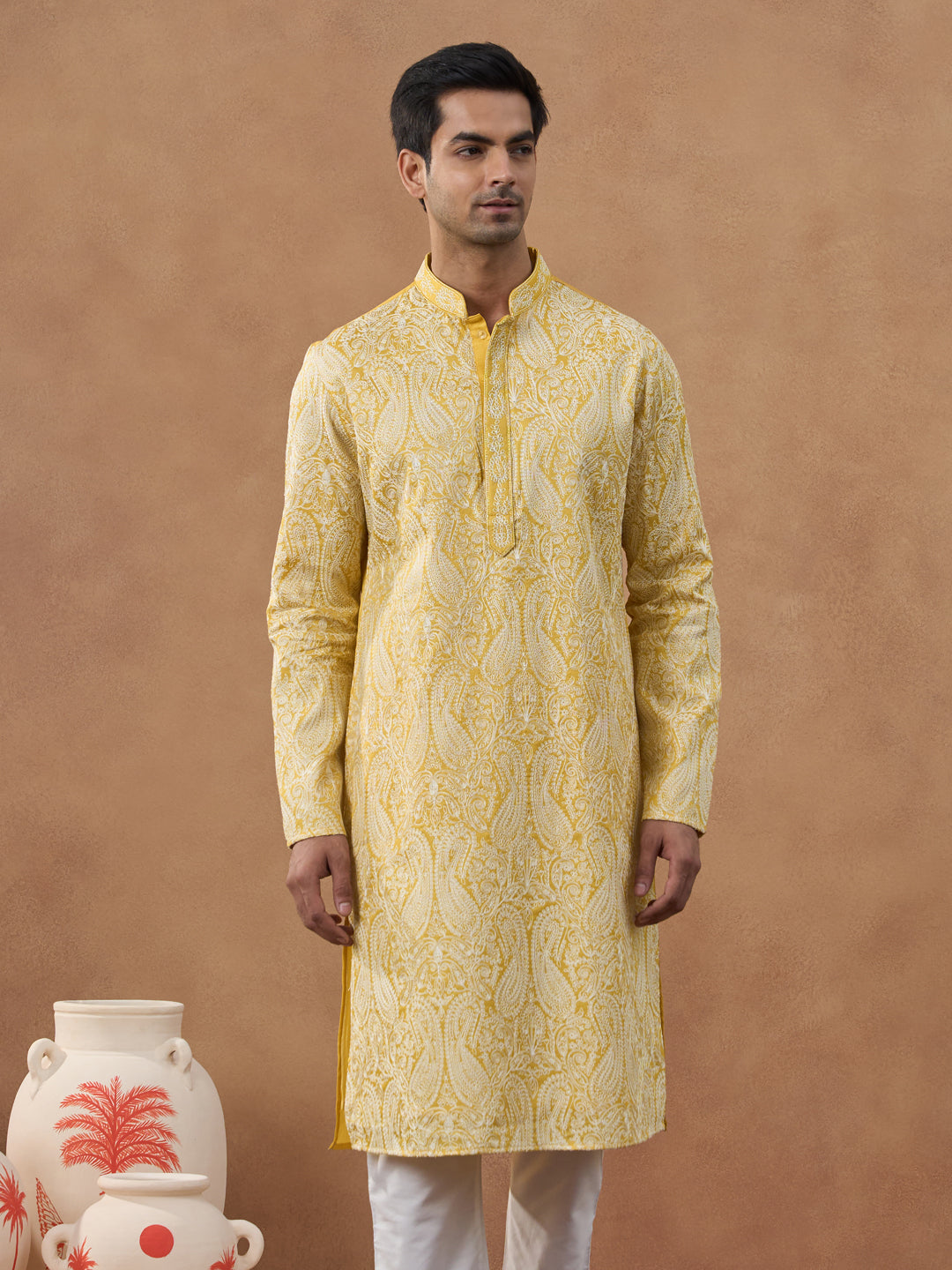 Yellow Paisley Embroidered Kurta Set