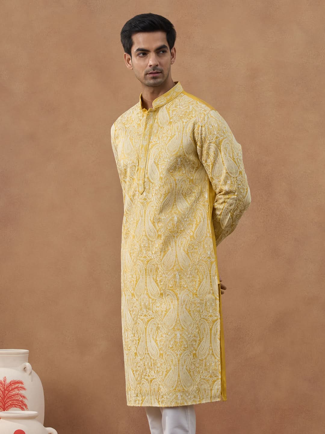 Yellow Paisley Embroidered Kurta Set