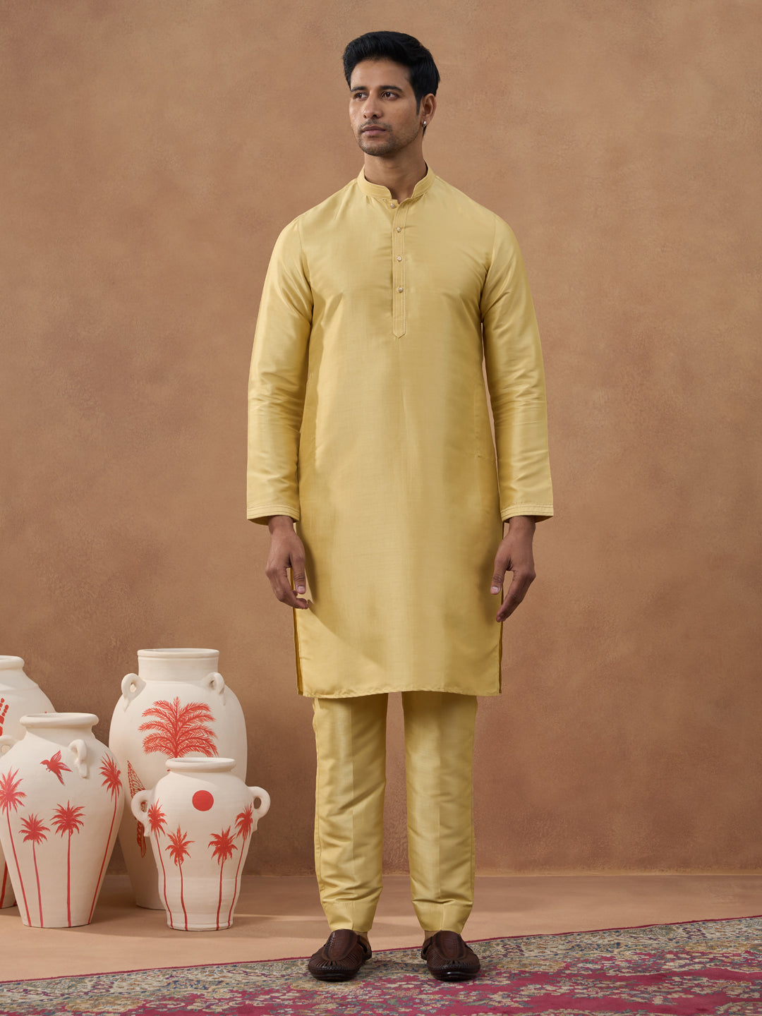 Gold Herringbone Printed Bundi Kurta Set