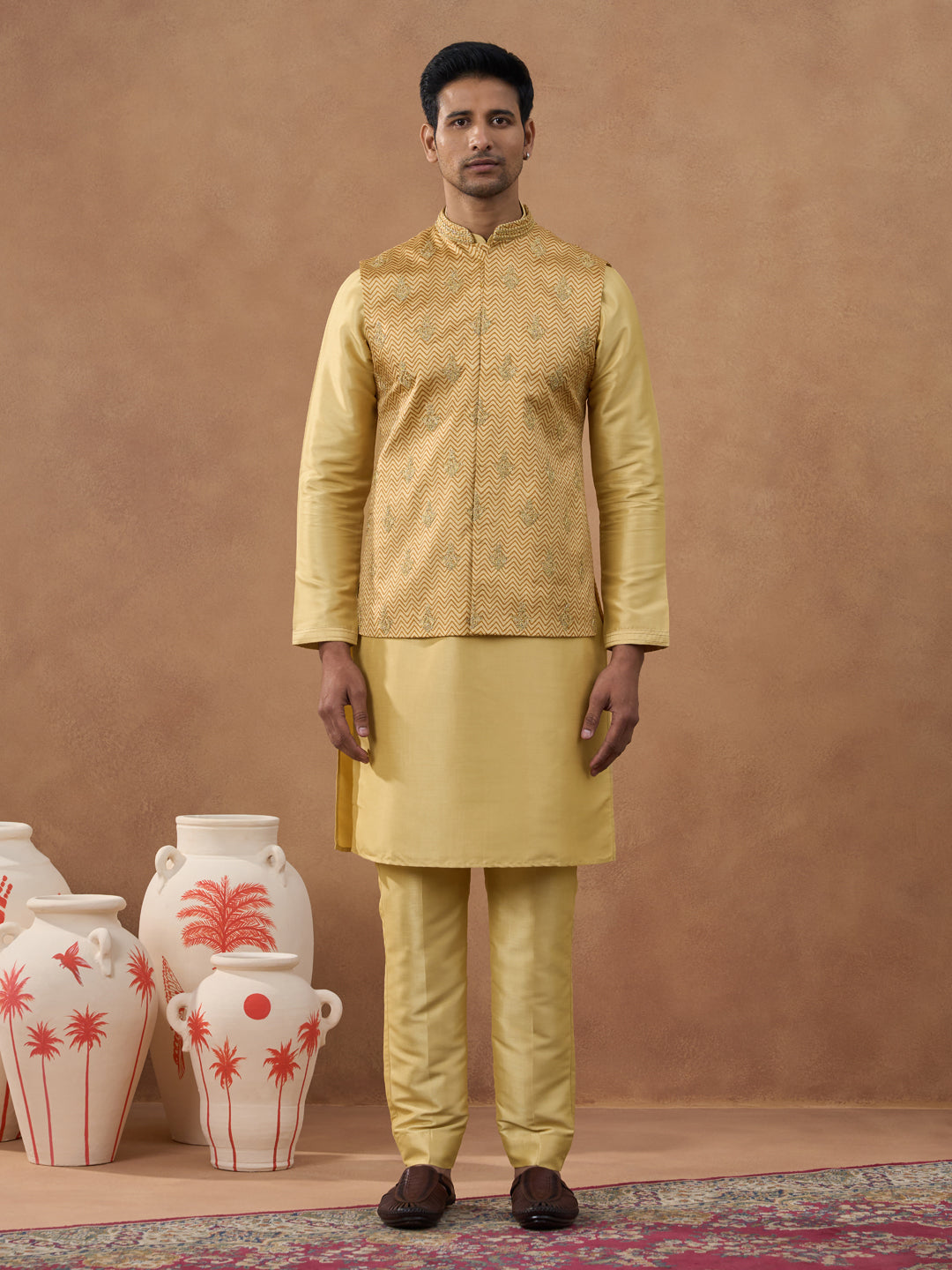 Gold Herringbone Printed Bundi Kurta Set