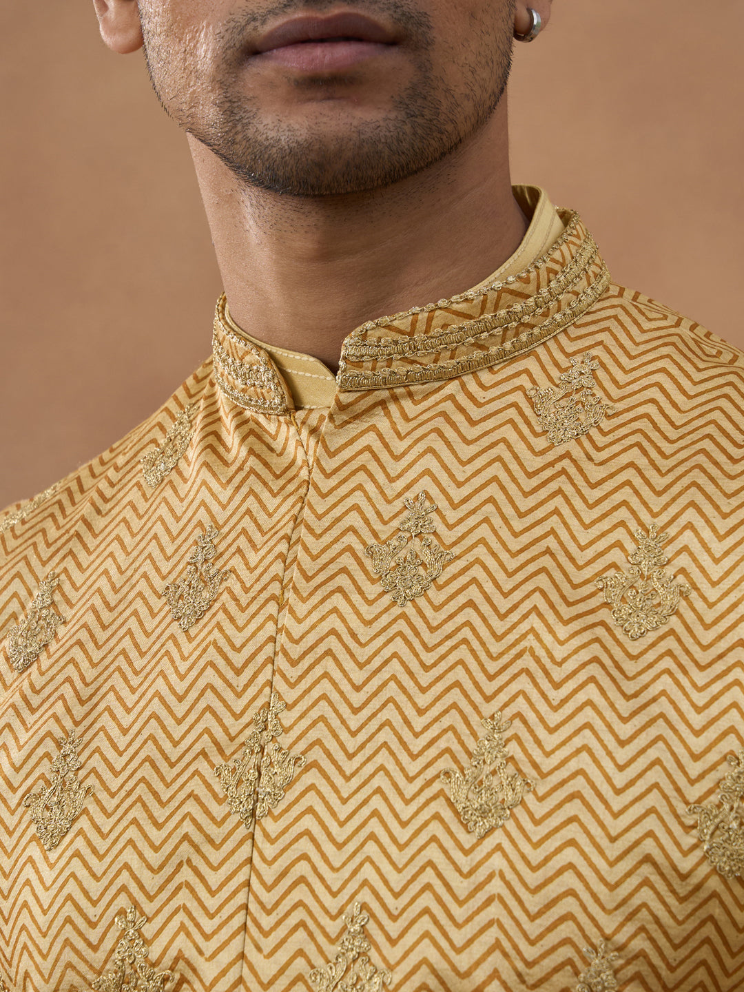 Gold Herringbone Printed Bundi Kurta Set