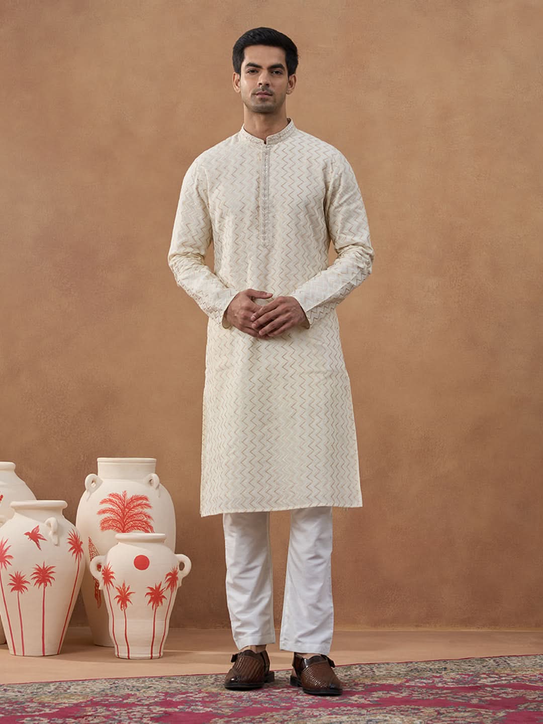 Cream Zig-Zag Embroidered Kurta Set