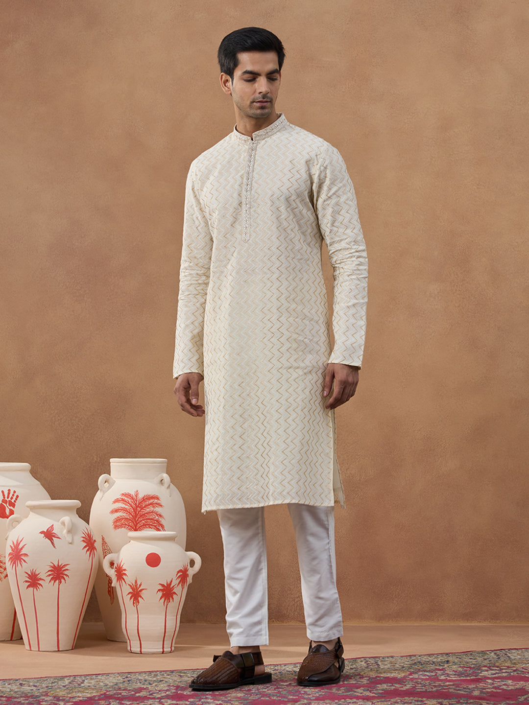Cream Zig-Zag Embroidered Kurta Set