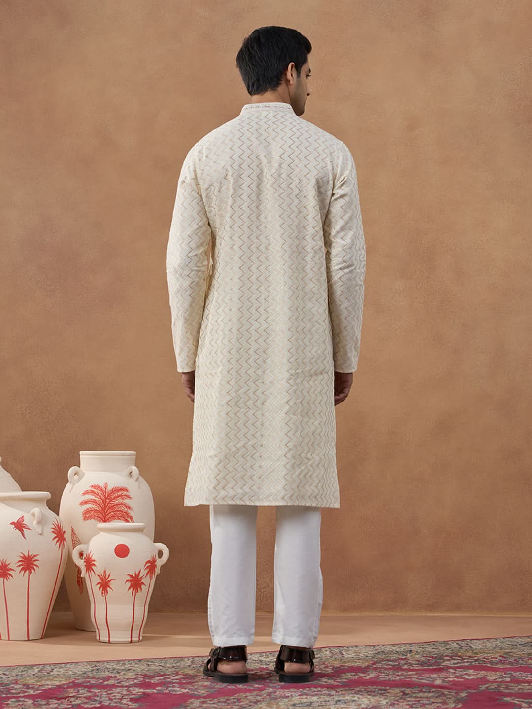 Cream Zig-Zag Embroidered Kurta Set