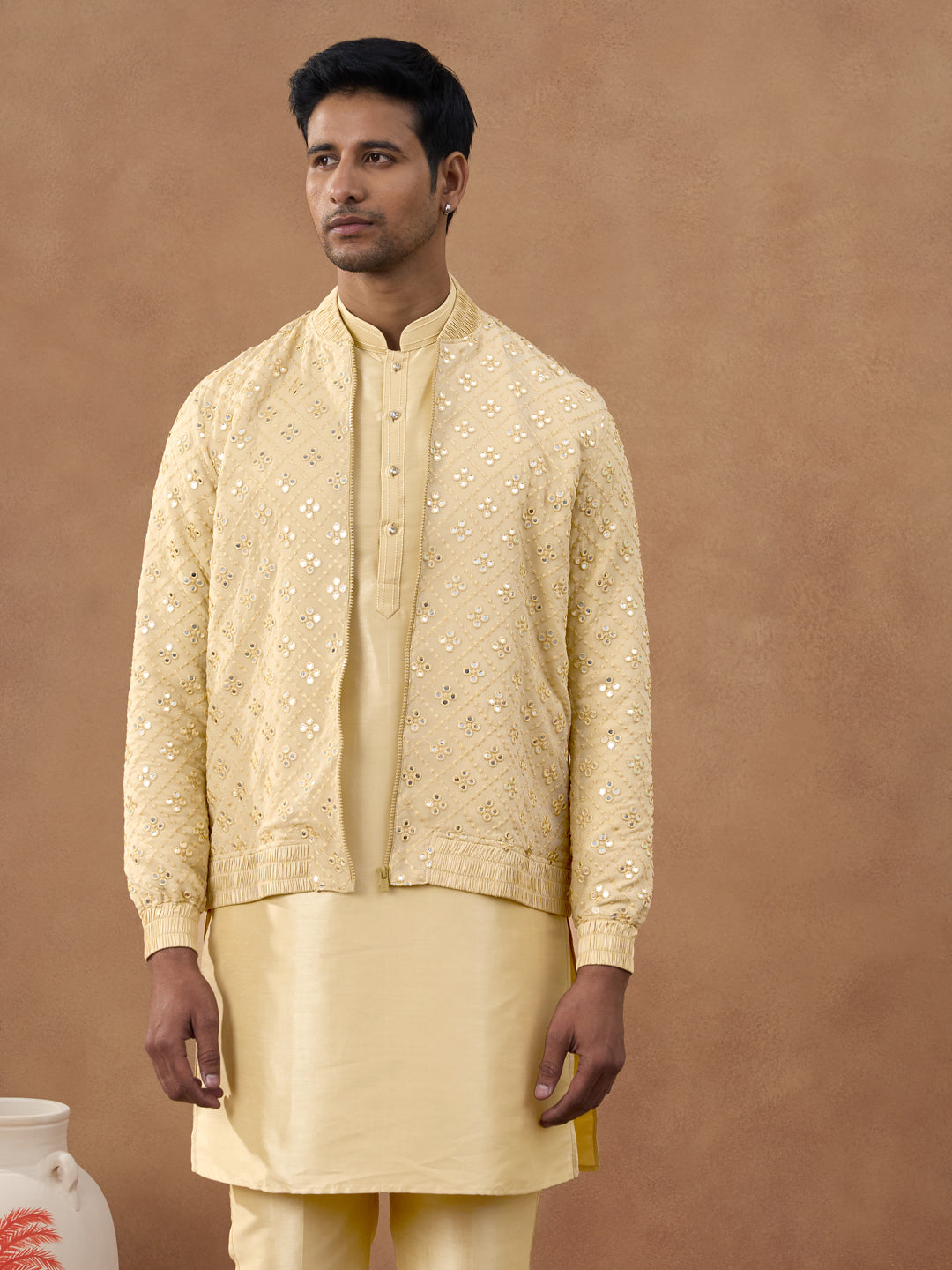 Gold Mirror Embroidery Jacket Kurta set
