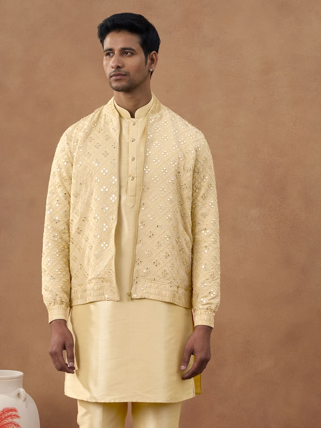 Gold Mirror Embroidery Jacket Kurta set