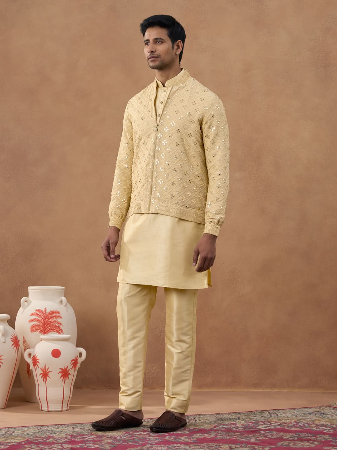 Gold Mirror Embroidery Jacket Kurta set