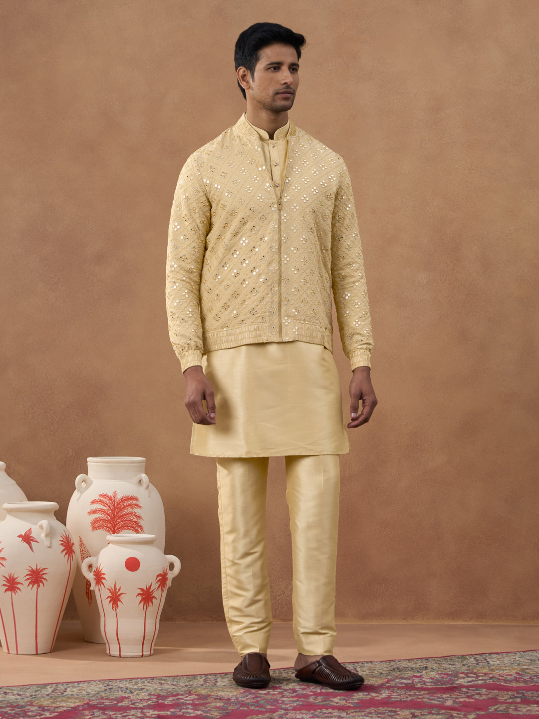 Gold Mirror Embroidery Jacket Kurta set