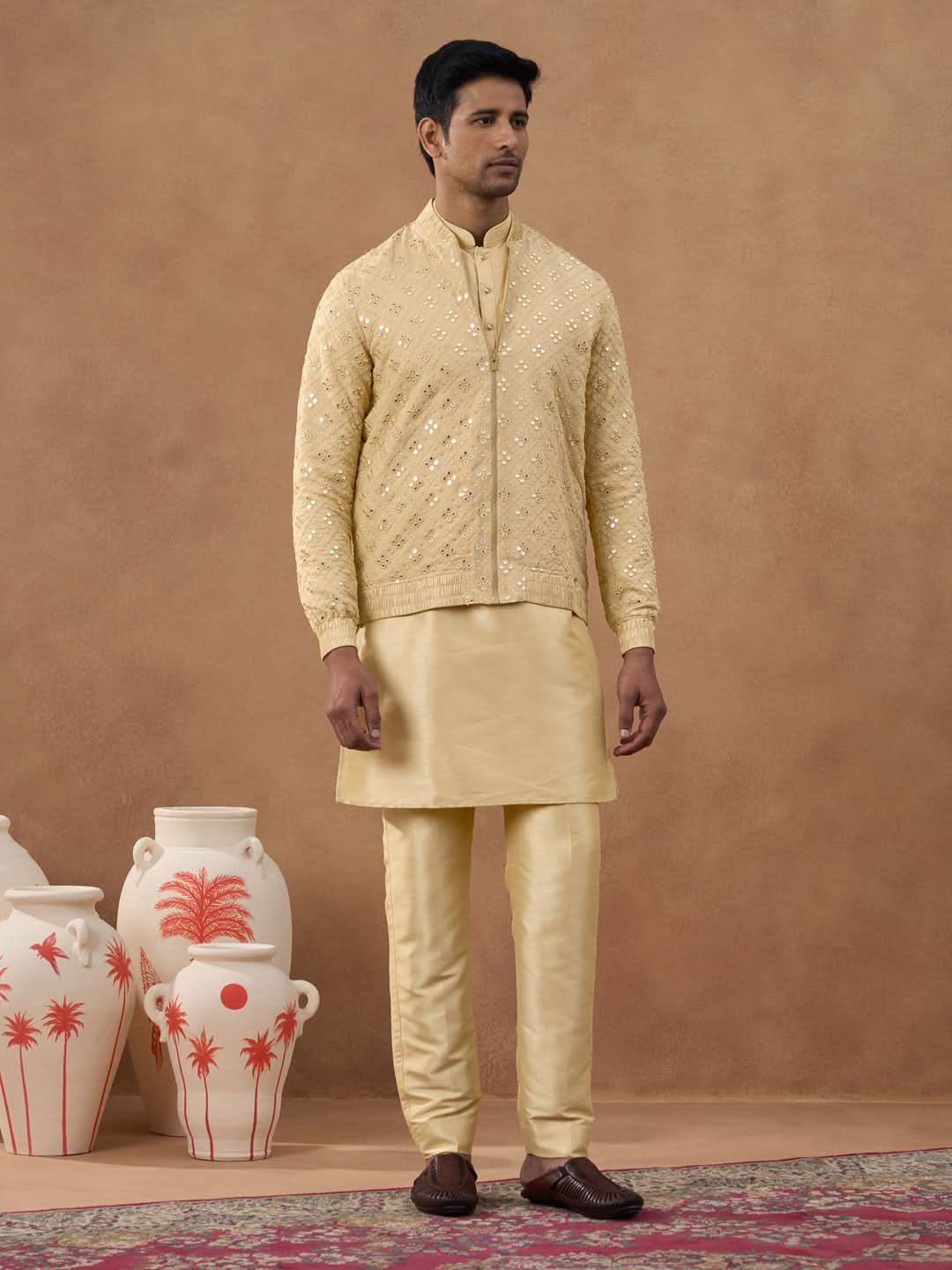 Gold Mirror Embroidery Jacket Kurta set