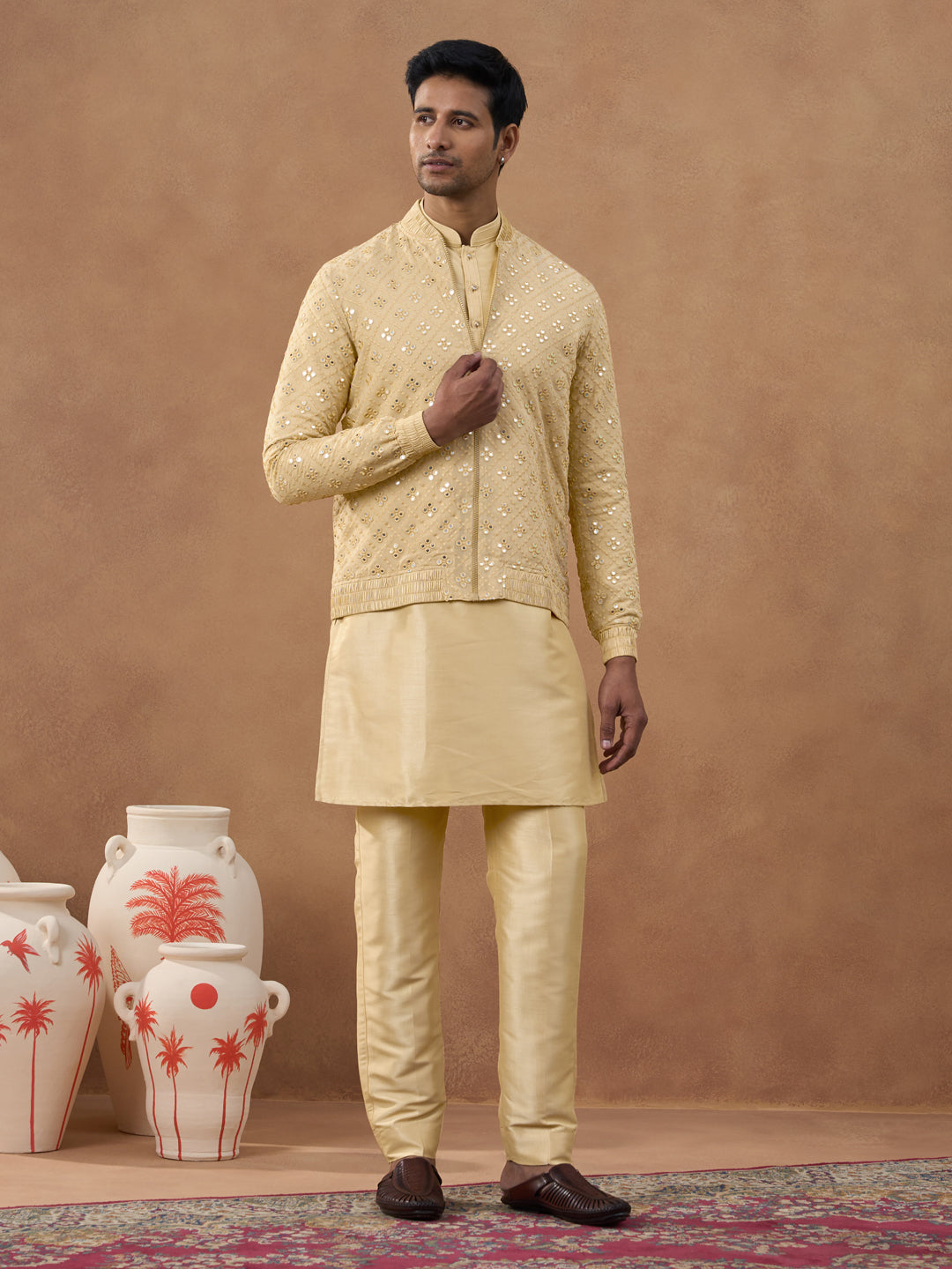 Gold Mirror Embroidery Jacket Kurta set