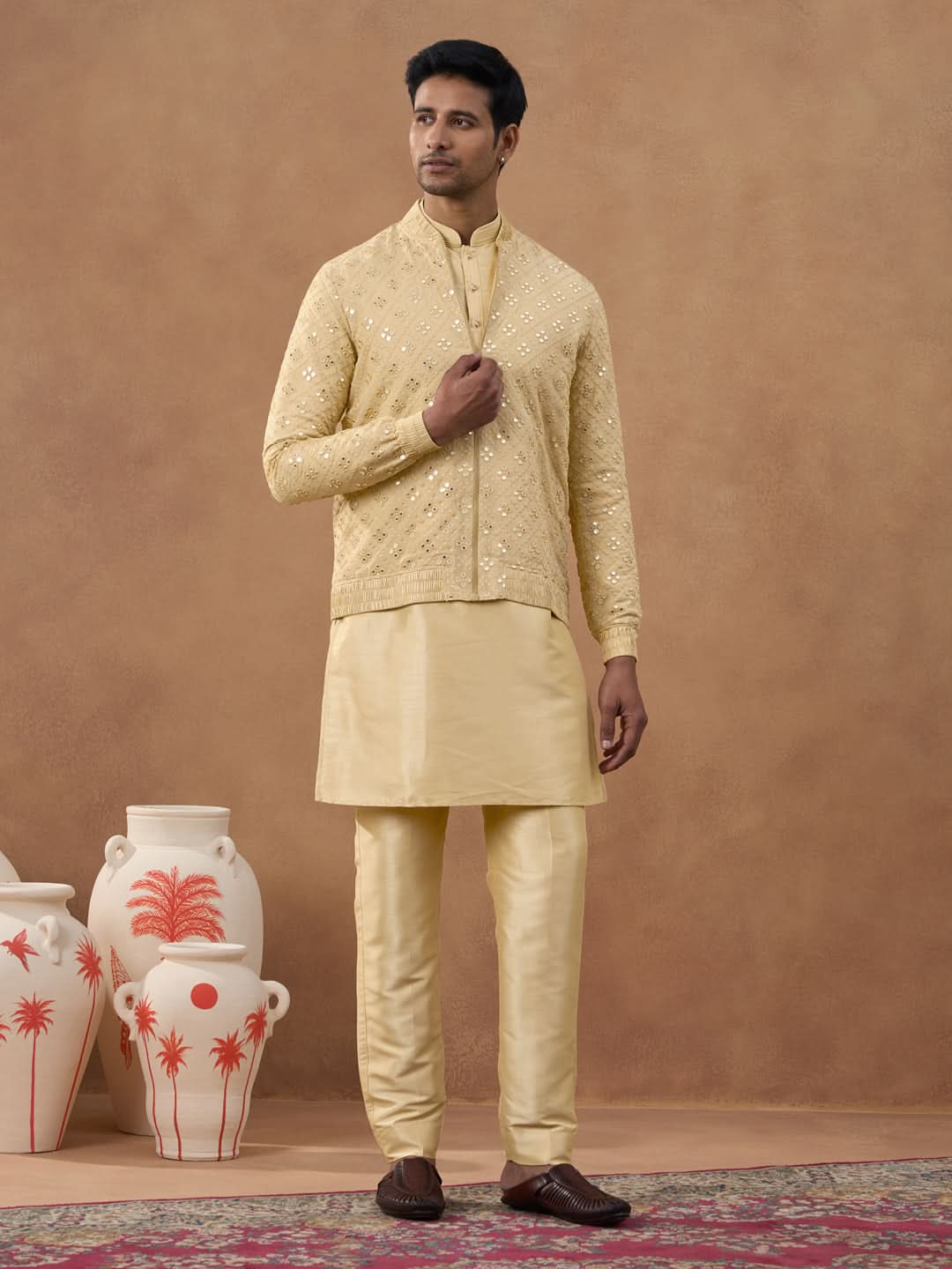 Gold Mirror Embroidery Jacket Kurta set