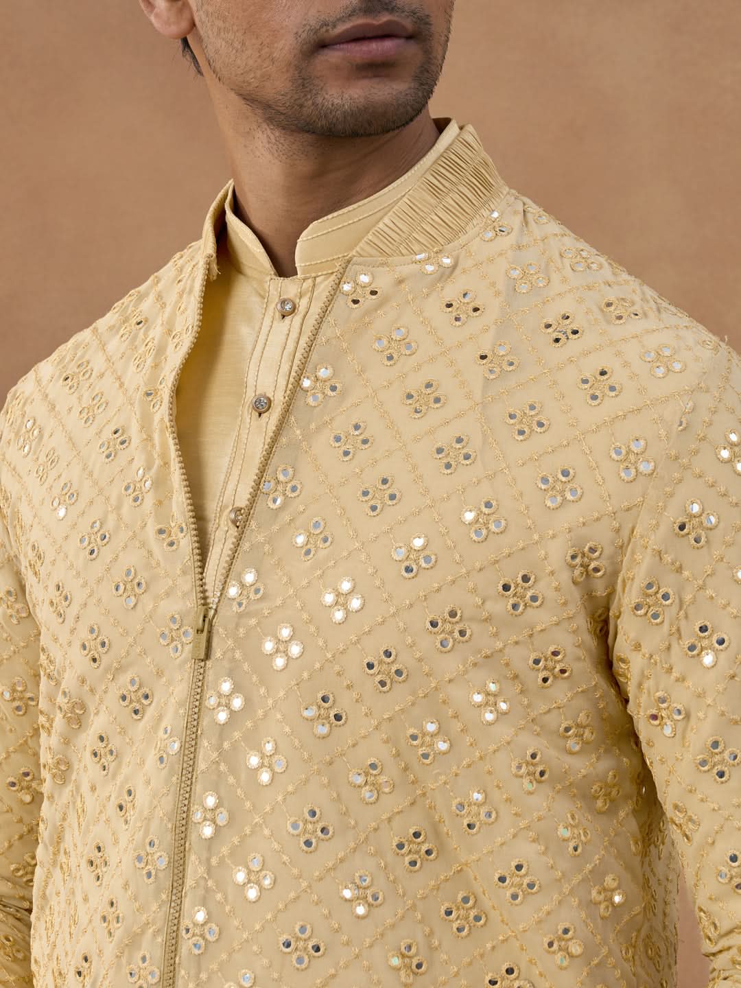 Gold Mirror Embroidery Jacket Kurta set