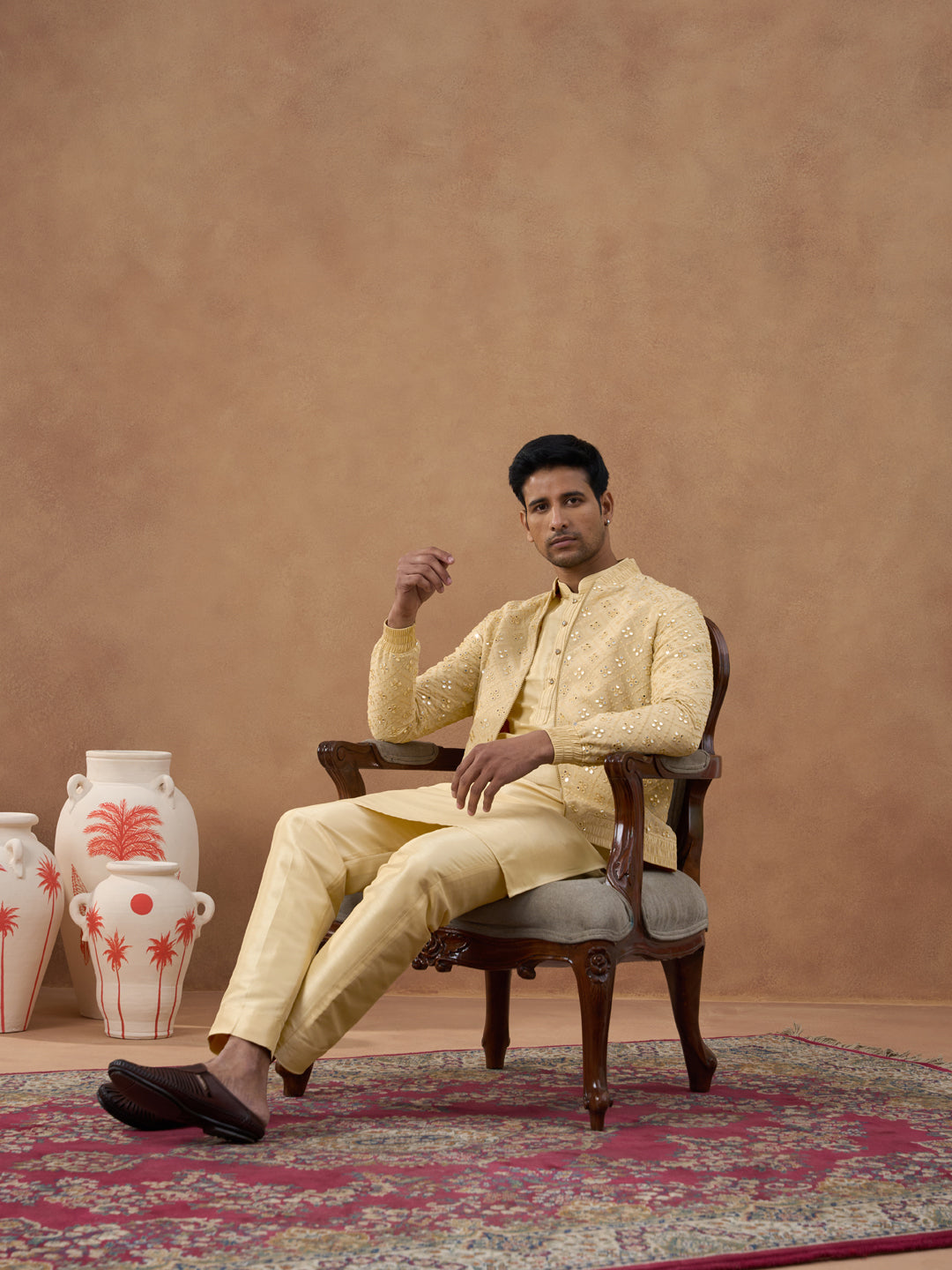 Gold Mirror Embroidery Jacket Kurta set