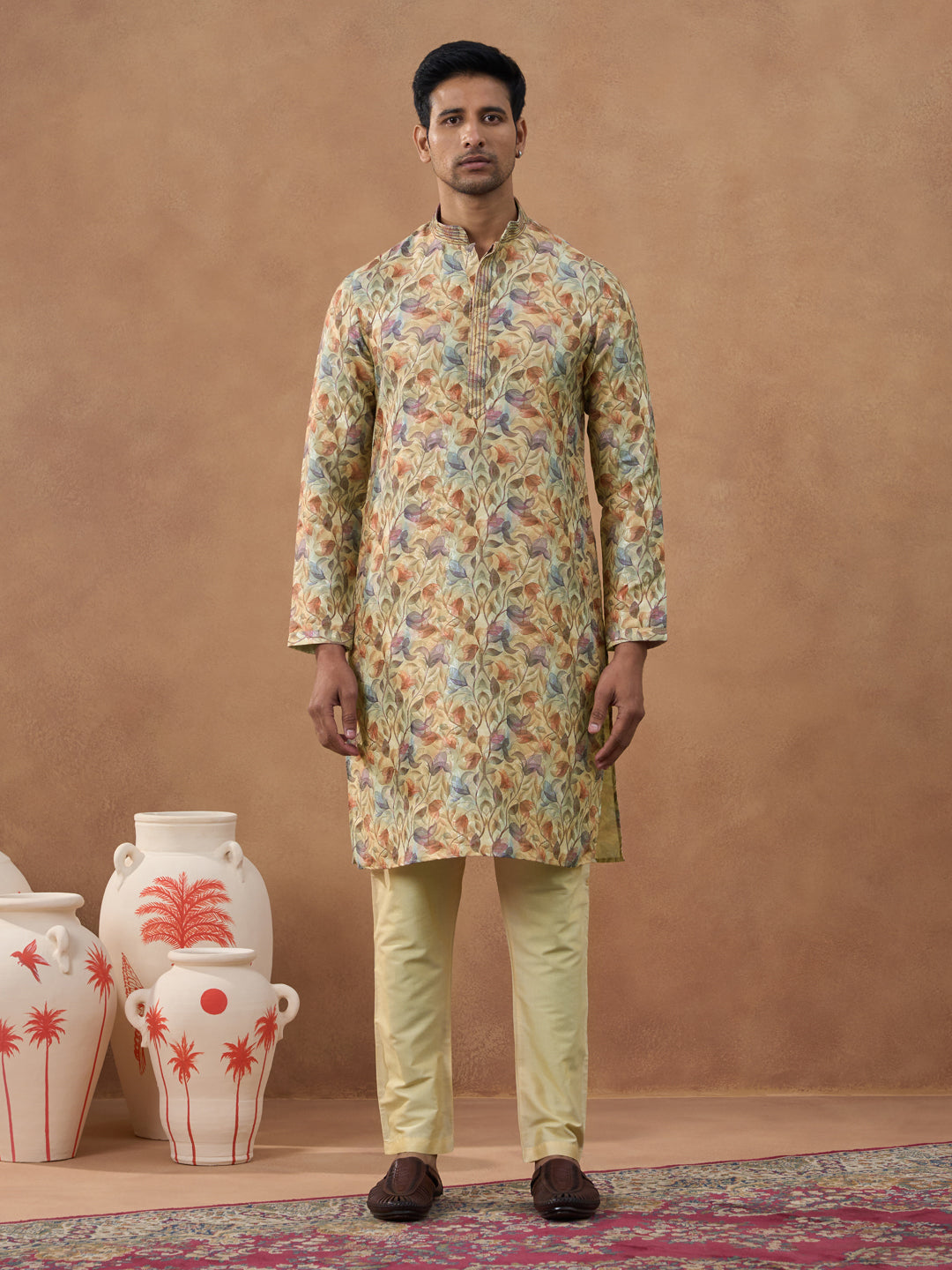 Floral Printed Beige Kurta Set