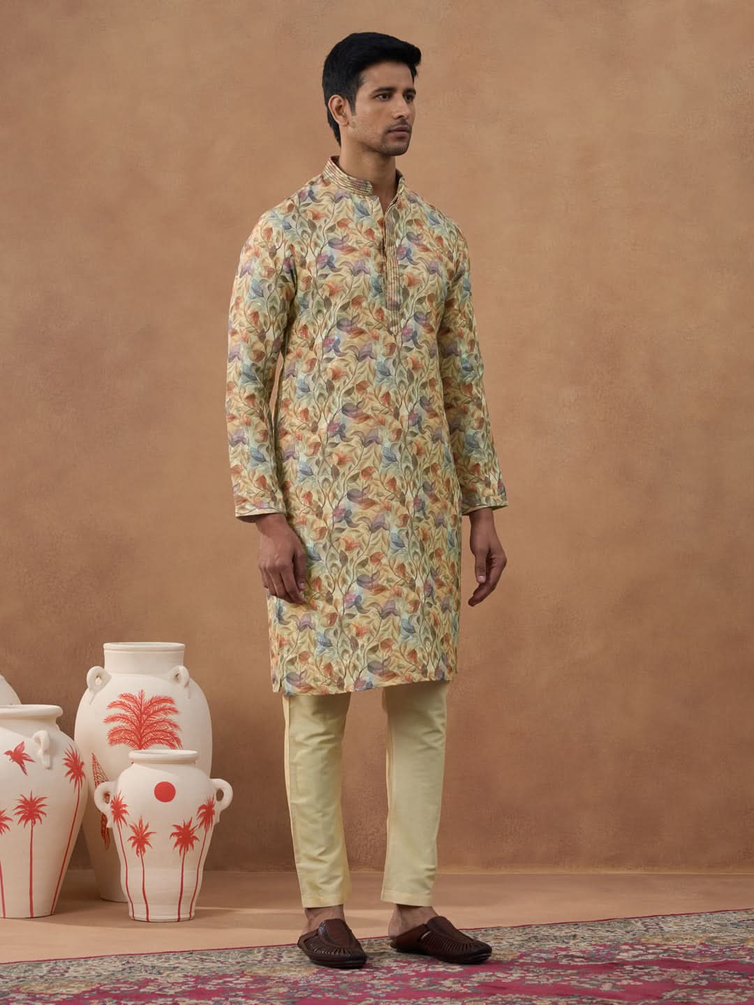 Floral Printed Beige Kurta Set
