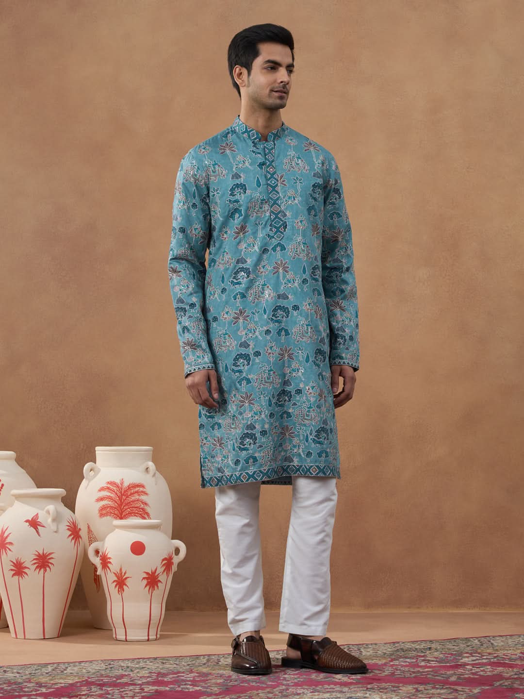 Teal Printed Cotton Kurta Set